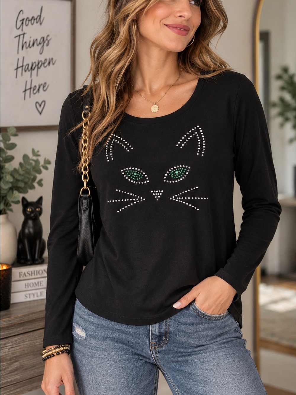 French Laundry Black Rhinestone Cat Long Sleeve Top Green Eyes L